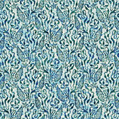  Grunge, ev dekorasyonu kumaş tekstil ürünleri için solgun keten efekt arka planı. Ege Teal deniz kabuğu deniz kabuğu kusursuz desen.