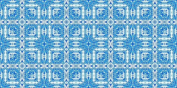 Seamless coastal geometrical floral mosaic effect banner. Ornamental arabesque summer fashion repeat edge trim.Blue white watercolor azulejo tile border background.