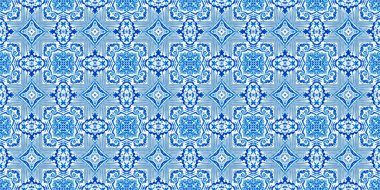  Kusursuz sahil geometrik çiçekli mozaik efekt afişi. Süslü arabesk yaz moda tekrarı. Mavi suluboya azulejo kenar arkaplan. 