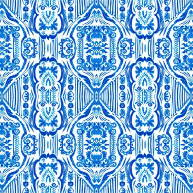  Kusursuz kıyı geometrik çiçek mozaik etkisi. Yaz boyunca süslemeli arabesk kumaşı. Mavi suluboya Azulejos fayans arka planı..