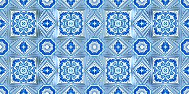  Seamless coastal geometrical floral mosaic effect banner. Ornamental arabesque summer fashion repeat edge trim.Blue white watercolor azulejo tile border background. 
