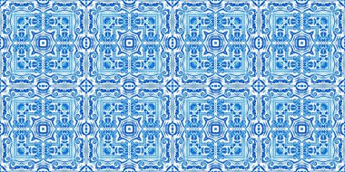  Kusursuz sahil geometrik çiçekli mozaik efekt afişi. Süslü arabesk yaz moda tekrarı. Mavi suluboya azulejo kenar arkaplan. 