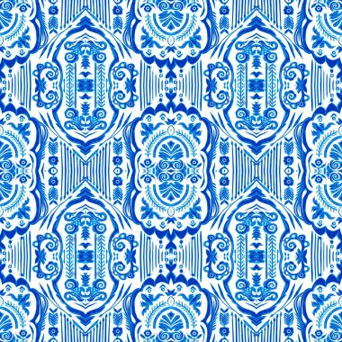  Seamless coastal geometric floral mosaic effect. Ornamental arabesque all over summer fashion damask repeat.Blue white watercolor azulejos tile background.