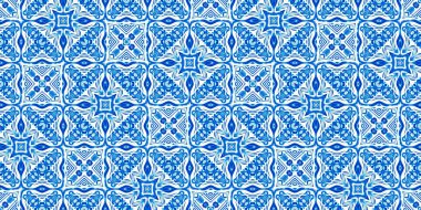  Kusursuz sahil geometrik çiçekli mozaik efekt afişi. Süslü arabesk yaz moda tekrarı. Mavi suluboya azulejo fayans kenar arkaplanı.