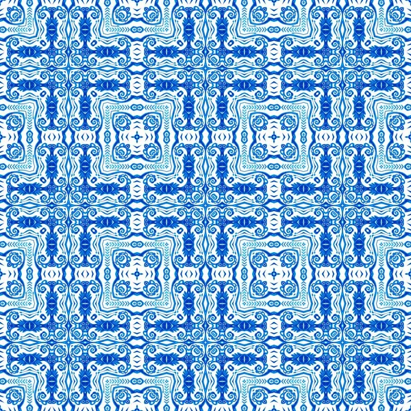 Бесшовный Прибрежный Геометрический Эффект Цветочной Мозаики Синий Белый Акварель Плиточном — стоковое фото