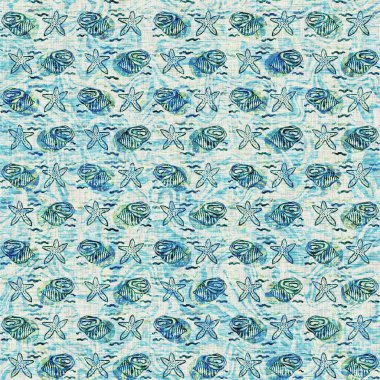  Grunge, ev dekorasyonu kumaş tekstil ürünleri için solgun keten efekt arka planı. Ege Teal deniz kabuğu deniz kabuğu kusursuz desen.