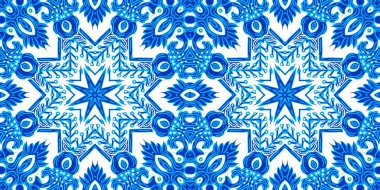  Kusursuz sahil geometrik çiçekli mozaik efekt afişi. Süslü arabesk yaz moda tekrarı. Mavi suluboya azulejo fayans kenar arkaplanı.