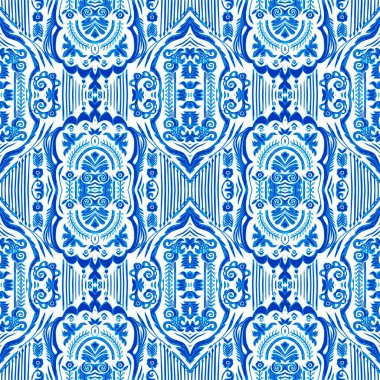  Kusursuz kıyı geometrik çiçek mozaik etkisi. Yaz boyunca süslemeli arabesk kumaşı. Mavi suluboya Azulejos fayans arka planı..