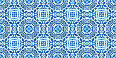  Kusursuz sahil geometrik çiçekli mozaik efekt afişi. Süslü arabesk yaz moda tekrarı. Mavi suluboya azulejo kenar arkaplan. 