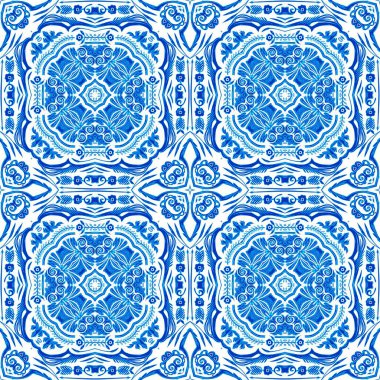  Kusursuz kıyı geometrik çiçek mozaik etkisi. Yaz boyunca süslemeli arabesk kumaşı. Mavi suluboya Azulejos fayans arka planı.. 