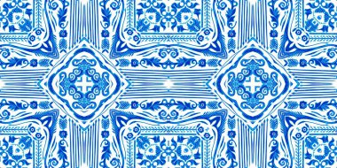  Seamless coastal geometrical floral mosaic effect banner. Ornamental arabesque summer fashion repeat edge trim. Blue white watercolor azulejo tile border background.