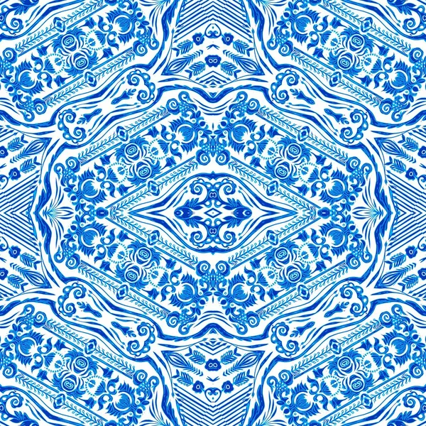 바다없는 기하학적 모자이크 장식적 Arabesque Damask Repeat Blue White Watercolor — 스톡 사진