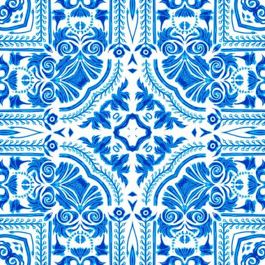  Seamless coastal geometric floral mosaic effect. Ornamental arabesque all over summer fashion damask repeat.Blue white watercolor azulejos tile background.