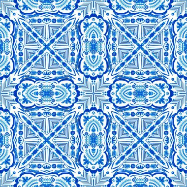  Kusursuz kıyı geometrik çiçek mozaik etkisi. Yaz boyunca süslemeli arabesk kumaşı. Mavi suluboya Azulejos fayans arka planı.. 