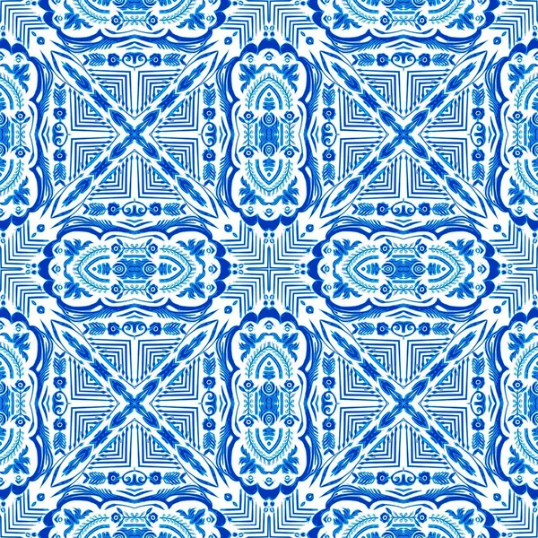 无缝化的滨海几何图形花卉拼图效果 整个夏天都是装饰阿拉伯式风格的花缎复现 蓝色水彩画的瓷砖背景 — 图库照片