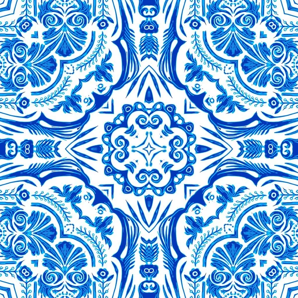 바다없는 기하학적 모자이크 장식적 Arabesque Damask Repeat Blue White Watercolor — 스톡 사진