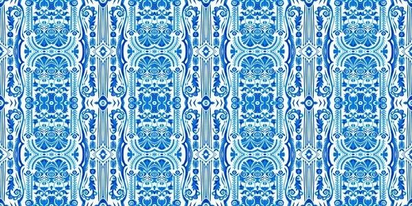 Seamless coastal geometrical floral mosaic effect banner. Ornamental arabesque summer fashion repeat edge trim. Blue white watercolor azulejo tile border background.