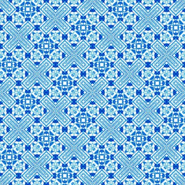  Seamless coastal geometric floral mosaic effect. Ornamental arabesque all over summer fashion damask repeat.Blue white watercolour azulejos tile background. 