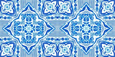  Kusursuz sahil geometrik çiçekli mozaik efekt afişi. Süslü arabesk yaz moda tekrarı. Mavi suluboya azulejo fayans kenar arkaplanı.