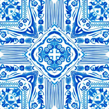  Kusursuz kıyı geometrik çiçek mozaik etkisi. Yaz boyunca süslemeli arabesk kumaşı. Mavi suluboya Azulejos fayans arka planı..