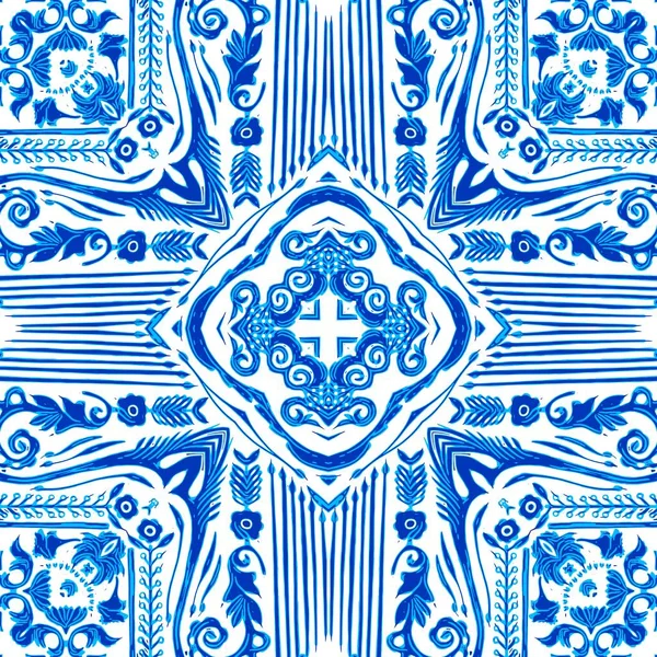 无缝化的滨海几何图形花卉拼图效果 整个夏天都是装饰阿拉伯式风格的花缎复现 蓝色白色水彩画的瓷砖背景 — 图库照片