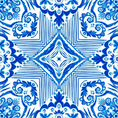  Kusursuz kıyı geometrik çiçek mozaik etkisi. Yaz boyunca süslemeli arabesk kumaşı. Mavi suluboya Azulejos fayans arka planı..