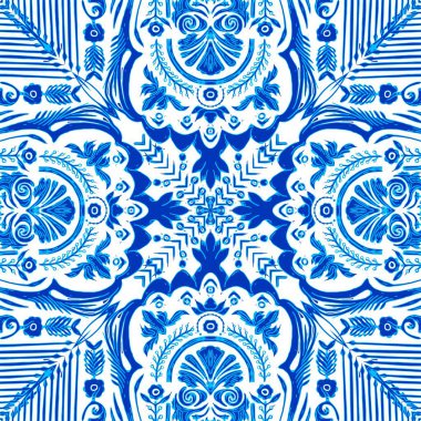  Kusursuz kıyı geometrik çiçek mozaik etkisi. Yaz boyunca süslemeli arabesk kumaşı. Mavi suluboya Azulejos fayans arka planı..