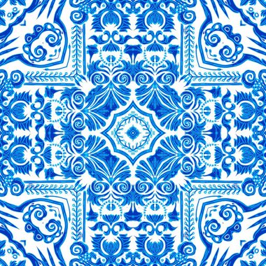  Kusursuz kıyı geometrik çiçek mozaik etkisi. Yaz boyunca süslemeli arabesk kumaşı. Mavi suluboya Azulejos fayans arka planı..