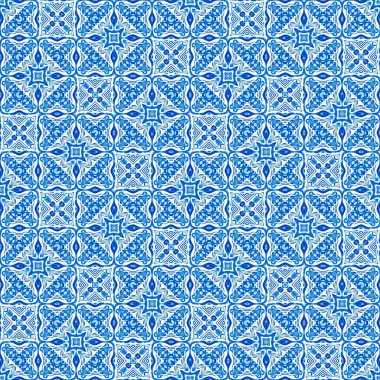  Kusursuz kıyı geometrik çiçek mozaik etkisi. Yaz boyunca süslemeli arabesk kumaşı. Mavi suluboya Azulejos fayans arka planı.. 