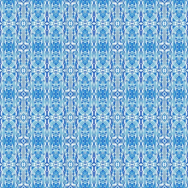 Seamless coastal geometric floral mosaic effect. Ornamental arabesque all over summer fashion damask repeat.Blue white watercolour azulejos tile background.