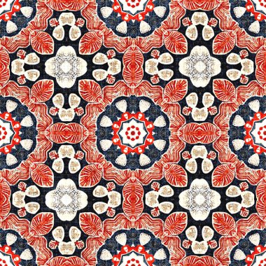  Kıyılarda yaşayan denizcilik tarzında kusursuz bir desen. Modern soyut pamuk keten efekt kumaş arka planı. Lacivert kırmızı azulejos fayans tarzı muz desenli eşarp..