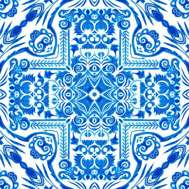  Kusursuz kıyı geometrik çiçek mozaik etkisi. Yaz boyunca süslemeli arabesk kumaşı. Mavi suluboya Azulejos fayans arka planı..