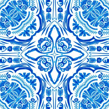  Kusursuz kıyı geometrik çiçek mozaik etkisi. Yaz boyunca süslemeli arabesk kumaşı. Mavi suluboya Azulejos fayans arka planı..