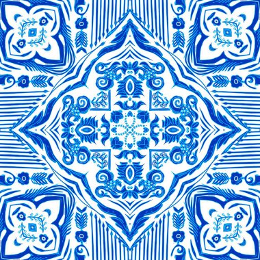  Kusursuz kıyı geometrik çiçek mozaik etkisi. Yaz boyunca süslemeli arabesk kumaşı. Mavi suluboya Azulejos fayans arka planı..