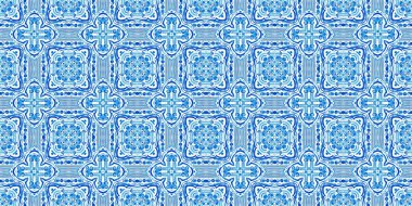  Kusursuz sahil geometrik çiçekli mozaik efekt afişi. Süslü arabesk yaz moda tekrarı. Mavi suluboya azulejo kenar arkaplan. 