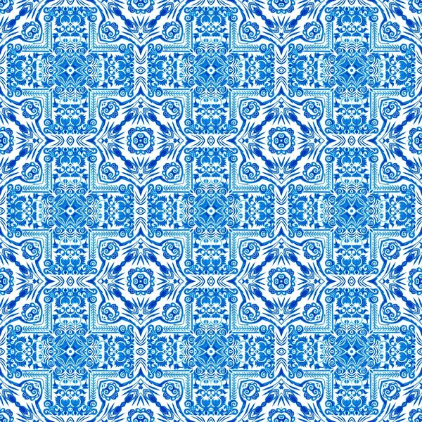 바다없는 기하학적 모자이크 장식적 Arabesque Damask Repeat Blue Azulejos — 스톡 사진
