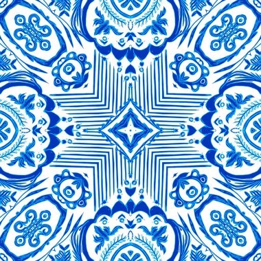  Kusursuz kıyı geometrik çiçek mozaik etkisi. Yaz boyunca süslemeli arabesk kumaşı. Mavi suluboya Azulejos fayans arka planı..