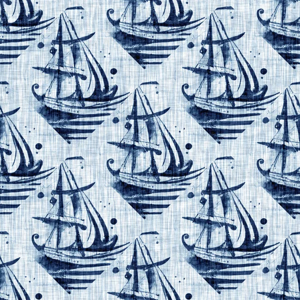 Indigo Dye Wash Coastal Damask Quilt Seamless Pattern Washed Out — Stockfoto