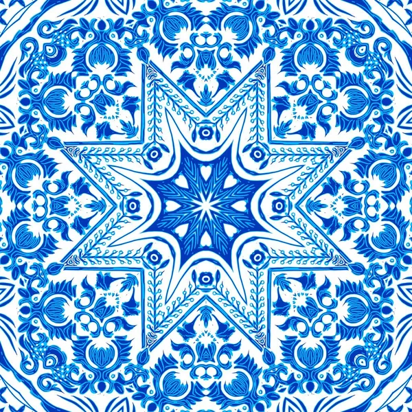 Seamless coastal geometric floral mosaic effect. Ornamental arabesque all over summer fashion damask repeat.Blue white watercolor azulejos tile background.