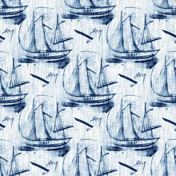 Indigo Dye Wash Coastal Damask Quilt Seamless Pattern Washed Out — Stockfoto