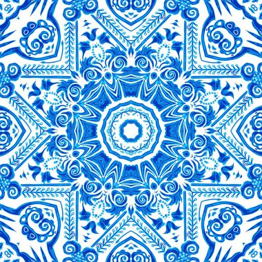  Kusursuz kıyı geometrik çiçek mozaik etkisi. Yaz boyunca süslemeli arabesk kumaşı. Mavi suluboya Azulejos fayans arka planı..