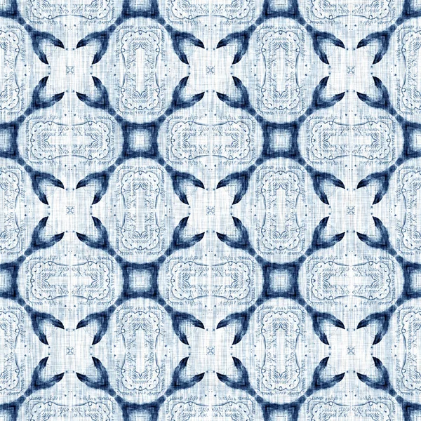 Indigo Dye Wash Coastal Damask Quilt Seamless Pattern Washed Out — ストック写真