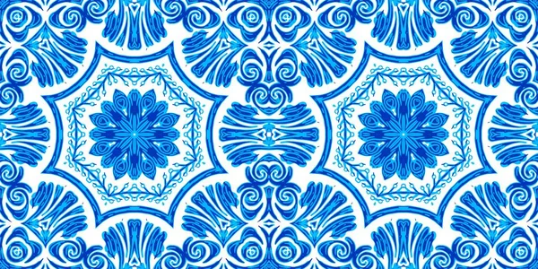 Seamless coastal geometrical floral mosaic effect banner. Ornamental arabesque summer fashion repeat edge trim. Blue white watercolor azulejo tile border background.
