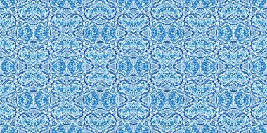  Kusursuz sahil geometrik çiçekli mozaik efekt afişi. Süslü arabesk yaz moda tekrarı. Mavi suluboya azulejo kenar arkaplan. 