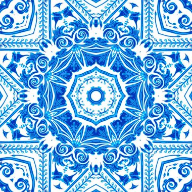  Kusursuz kıyı geometrik çiçek mozaik etkisi. Yaz boyunca süslemeli arabesk kumaşı. Mavi suluboya Azulejos fayans arka planı..