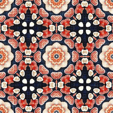  Kıyılarda yaşayan denizcilik tarzında kusursuz bir desen. Modern soyut pamuk keten efekt kumaş arka planı. Lacivert kırmızı azulejos fayans tarzı muz desenli eşarp..