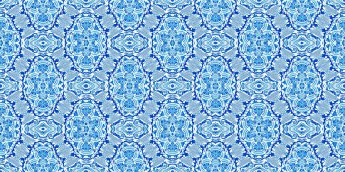  Kusursuz sahil geometrik çiçekli mozaik efekt afişi. Süslü arabesk yaz moda tekrarı. Mavi suluboya azulejo kenar arkaplan. 