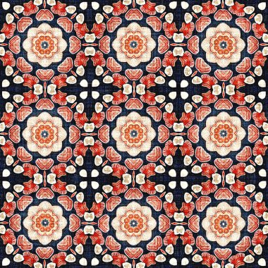  Kıyılarda yaşayan denizcilik tarzında kusursuz bir desen. Modern soyut pamuk keten efekt kumaş arka planı. Lacivert kırmızı azulejos fayans tarzı muz desenli eşarp..