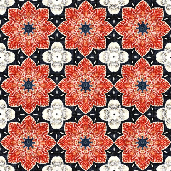 Seamless pattern in coastal living maritime style design. Modern abstract cotton linen effect fabric background. Navy blue red azulejos tile style banana fashion scarf print.