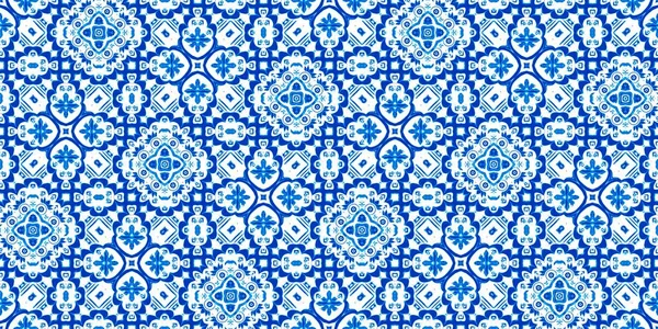  Kusursuz sahil geometrik çiçekli mozaik efekt afişi. Süslü arabesk yaz moda tekrarı. Mavi suluboya azulejo fayans kenar arkaplanı.